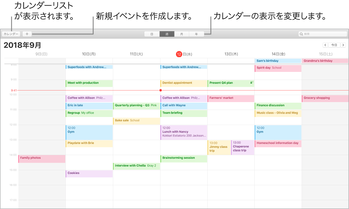 カレンダーウインドウ。イベントを作成する方法、カレンダーリストを表示する方法、および表示方式（日、週、月、または年）を選択する方法が示されています。