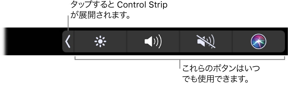 デフォルトのTouch Barの画面の一部。しまわれたControl Stripが表示されています。展開ボタンをタップすると、Control Strip全体が表示されます。