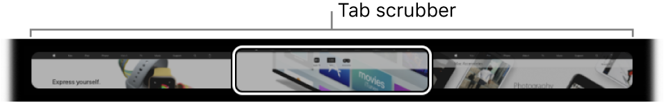 Safari Touch Bar құралындағы қойынды скруббері. Ол әрбір ашық қойындының кішкентай алдын ала қарау көрінісін көрсетеді.