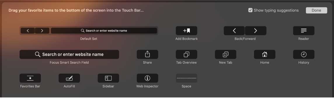 Touch Bar терезесіне сүйреуге болатын Customize Safari параметрлері.