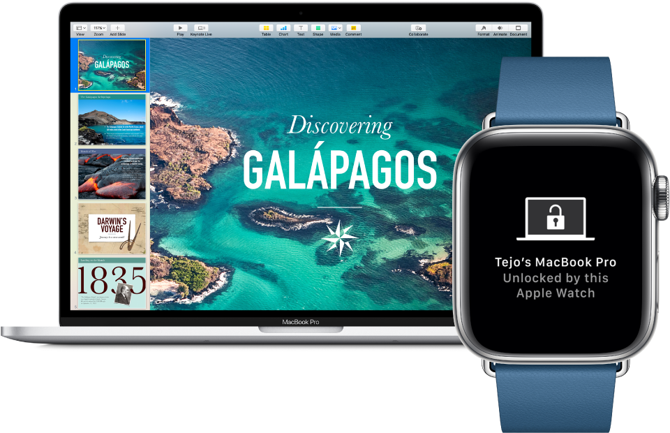 Mac компьютері құлпының Apple Watch арқылы ашылғаны туралы хабарды көрсетіп тұрған MacBook Pro компьютерімен көрсетілген Apple Watch құрылғысы.