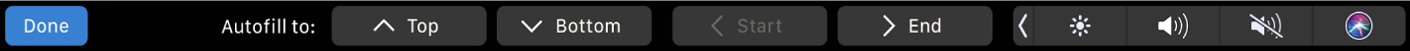 Autofill түймелері көрсетілген Numbers Touch Bar. Бұлар жоғарғы, төменгі, бастау және аяқтау түймелерін қамтиды.