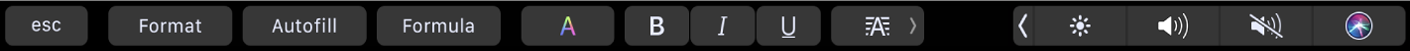 Format, Autofill және Formula үшін түймелері бар Numbers Touch Bar. Сондай-ақ, түс, қалың, көлбеу, асты сызылған қаріптер және туралау үшін мәтінді пішімдеу түймелері бар.