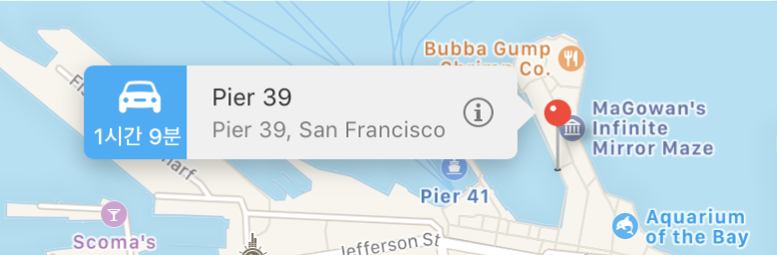 한 위치에 핀이 꽂혀 있고 정보 버튼과 Yelp 선호도를 나타내는 배너가 있는 지도.