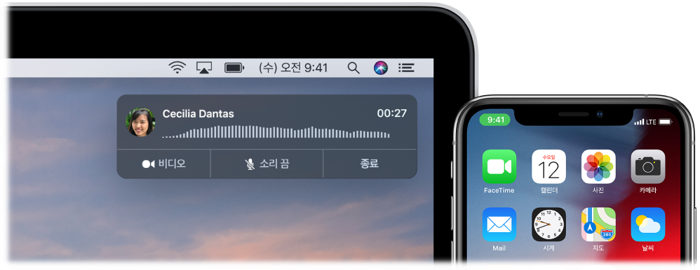 오른쪽 상단에 전화 알림 윈도우가 표시된 Mac 화면과 MacBook을 통해 전화하고 있다는 표시가 나타나는 iPhone 화면.