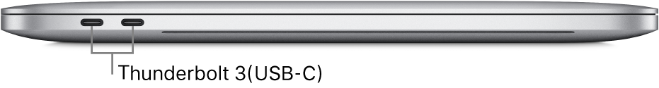 Thunderbolt 3(USB-C) 포트에 대한 설명이 있는 MacBook Pro의 왼쪽 부분.
