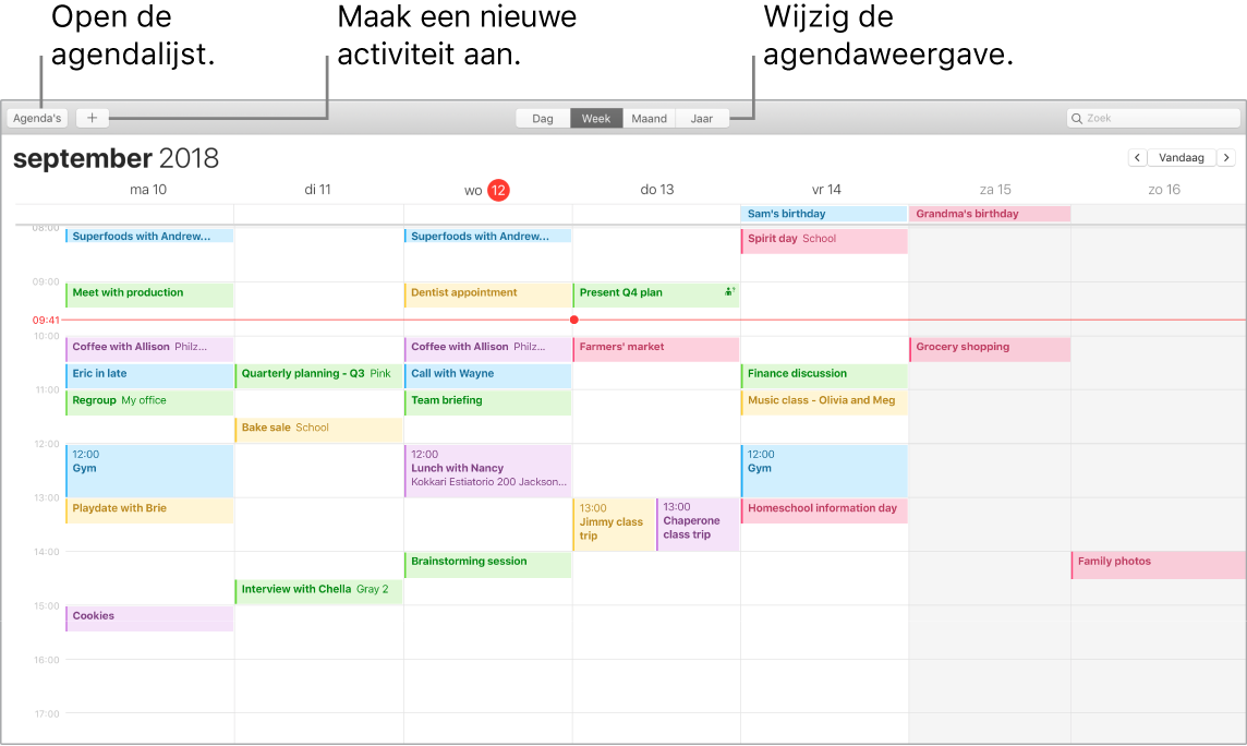 Agenda-venster waarin je ziet hoe je een activiteit aanmaakt, de agendalijst weergeeft en de dag-, week-, maand- of jaarweergave kiest.