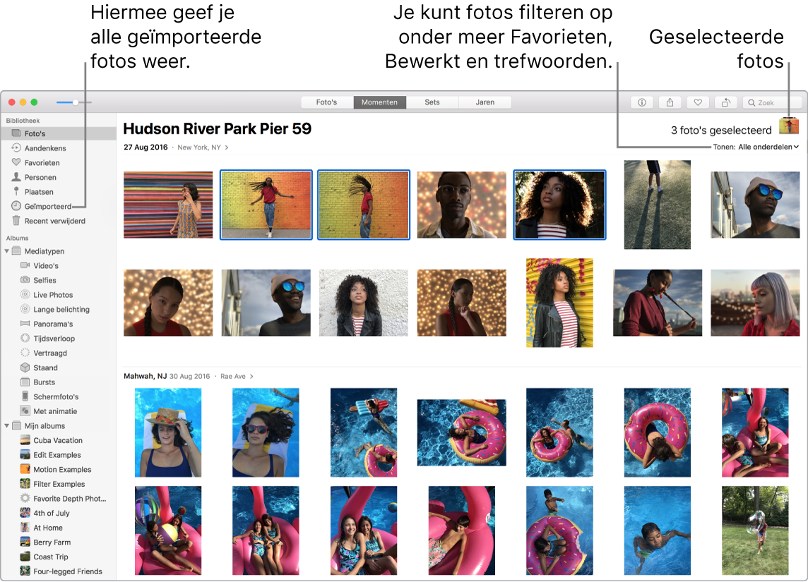 Foto's-venster waarin je ziet hoe je meerdere foto's kunt selecteren, de foto's in je album kunt filteren en de navigatiekolom kunt gebruiken.