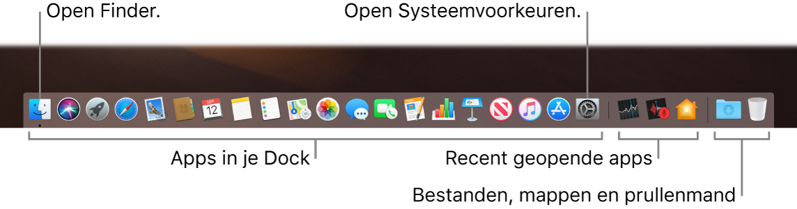 Het Dock, met daarin de Finder, Systeemvoorkeuren en de lijn in het Dock die apps van bestanden en mappen scheidt.