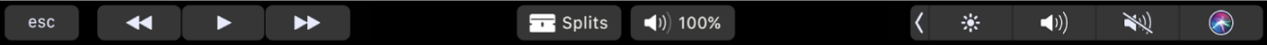 De Touch Bar voor iMovie wanneer er een fragment wordt afgespeeld. Er zijn knoppen voor terugspoelen, afspelen, vooruitspoelen en splitsen en voor het volume.