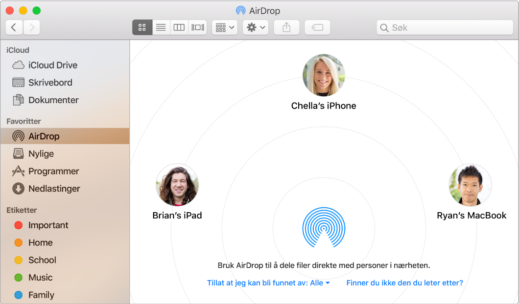 Et Finder-vindu med AirDrop markert i Favoritter-delen i sidepanelet.