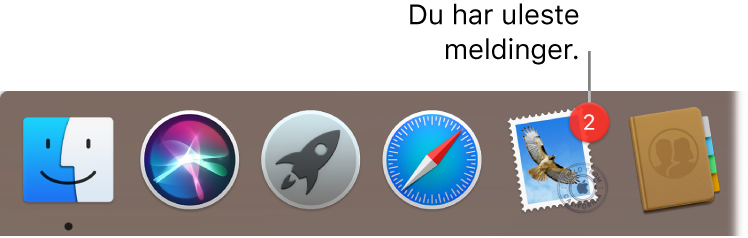 En del av Dock som viser Mail-programsymbolet med et merke som viser antallet uleste meldinger.