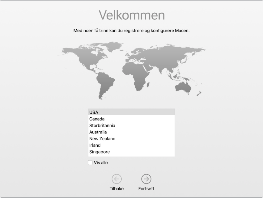 Mac-skjerm med Oppsettassistent åpen på Velkommen-skjermen.