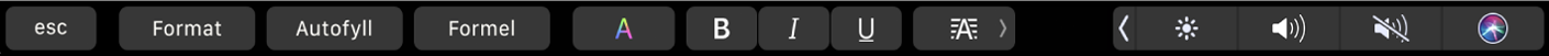 Touch Bar for Numbers med knapper for Format, Autofyll og Formel. Tekstformateringsknapper for farge, halvfet, kursiv, understreking og justering vises også.