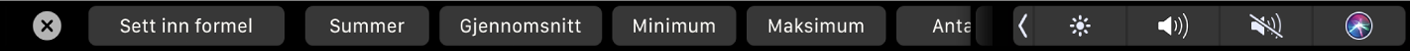 Touch Bar for Numbers med formelknapper. Noen av knappene som vises, er summer, gjennomsnitt, minimum, maksimum og antall.