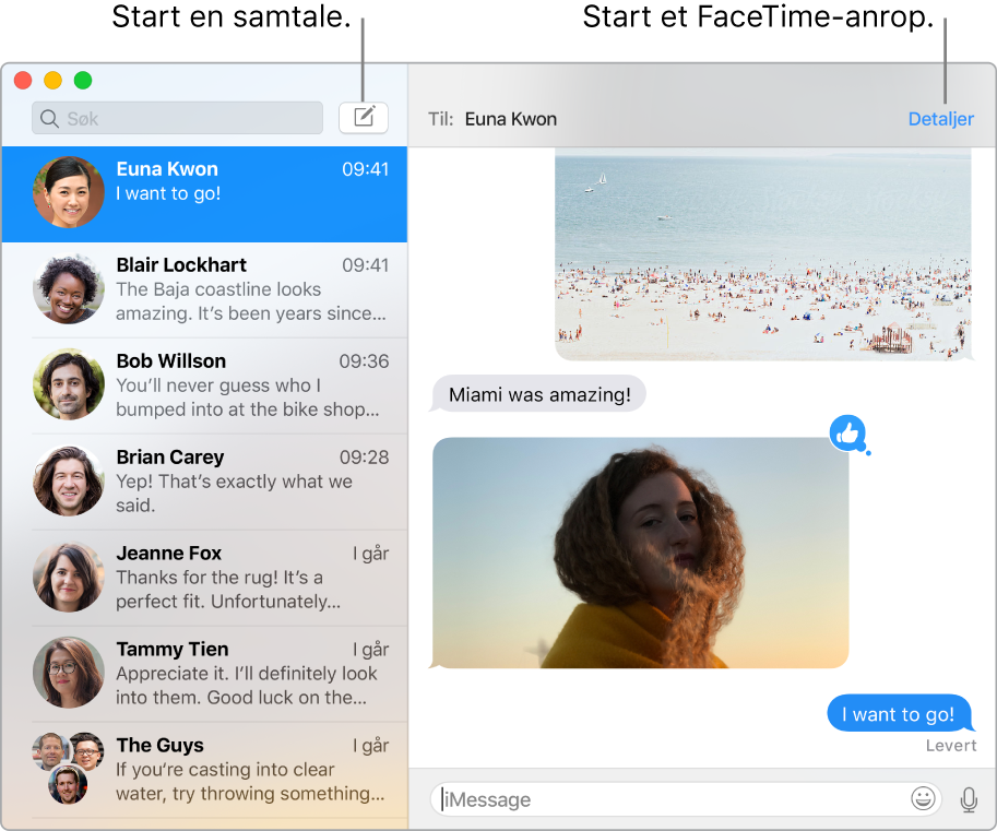 Meldinger-vindu som viser hvordan du starter en samtale og hvordan du starter et FaceTime-anrop.