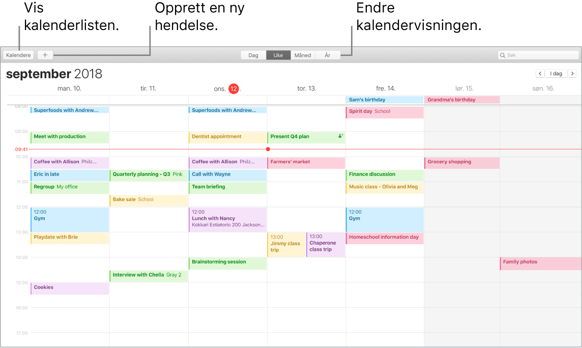 Kalender-vindu som viser hvordan du oppretter en hendelse, viser kalenderlisten og velger dag-, ukes-, måneds- eller årsvisning.