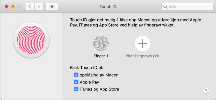 Touch ID-valgpanelet med valg for å legge til et fingeravtrykk og bruke Touch ID til å låse opp Macen, bruke Apple Pay og kjøpe fra iTunes Store, App Store og Apple Books.