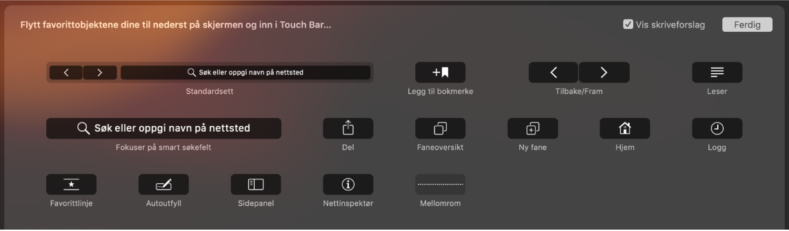 Tilpass Safari-elementene som kan flyttes til Touch Bar.