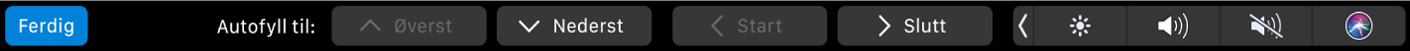 Touch Bar for Numbers med autofyllknapper. Noen av knappene som vises, er øverst, nederst, start og slutt.