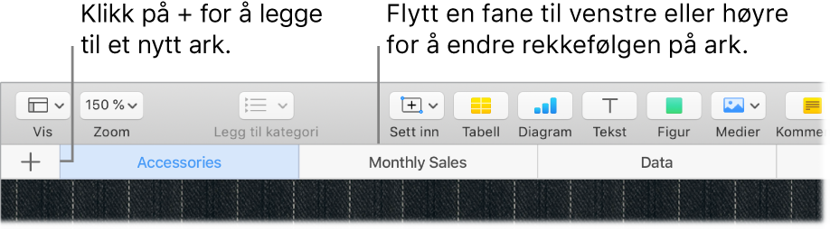Numbers-vindu som viser hvordan du legger til et nytt ark og hvordan du omorganiserer ark.