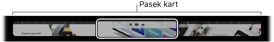 Pasek kart na pasku Touch Bar w aplikacji Safari. Zawiera on miniaturę podglądu każdej otwartej karty.