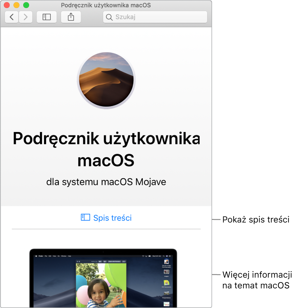 Strona powitalna Podręcznika użytkownika macOS oraz łącze do Spisu treści.