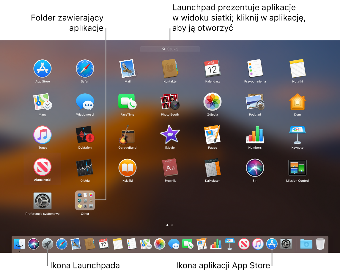 Ekran Maca z otwartym Launchpadem; katalog programów w Launchpadzie jest wyróżniony, a w Docku wyróżnione są również ikony Launchpada i Mac App Store