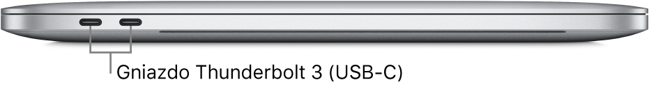 MacBook Pro widziany z lewej strony. Objaśnienia wskazują gniazda Thunderbolt 3 (USB‑C).