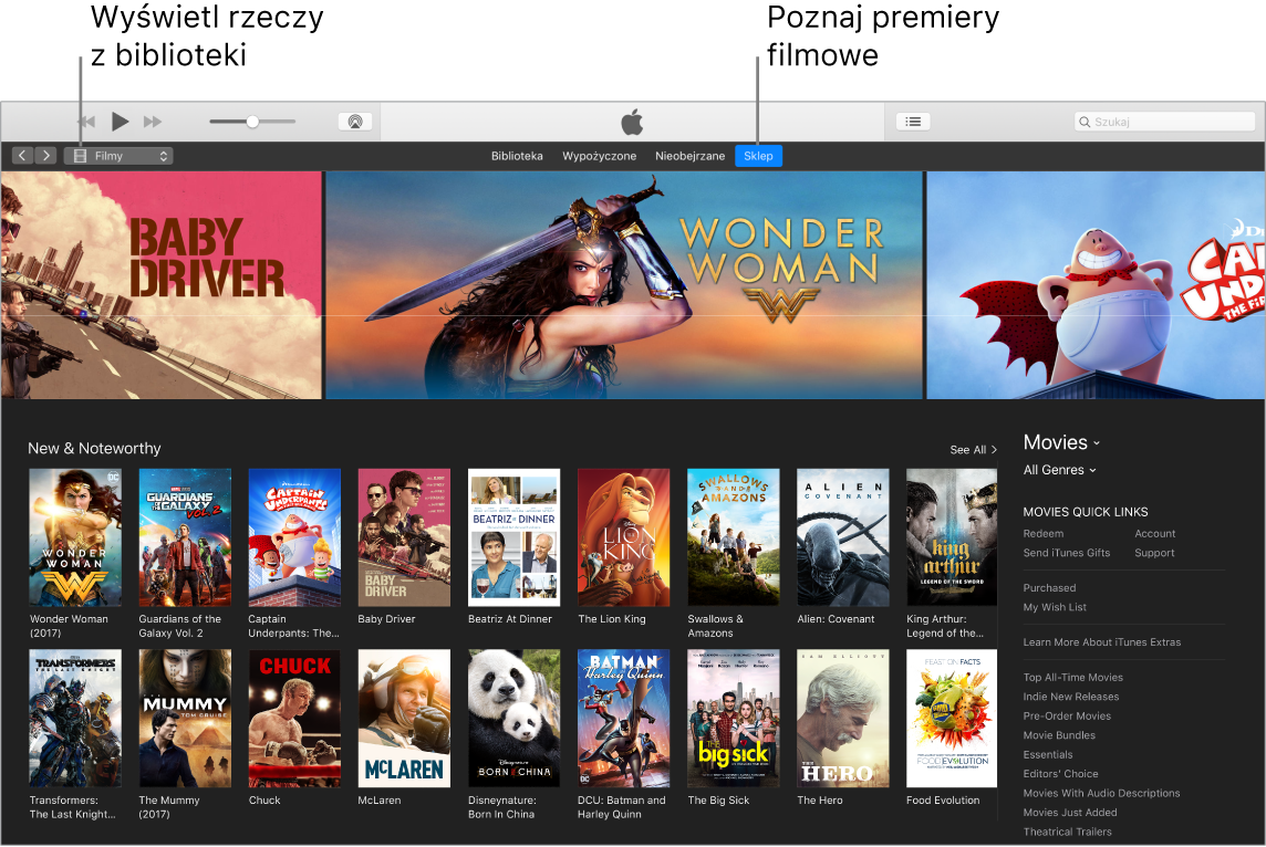 Okno iTunes pokazujące sposób wyświetlania biblioteki, subskrybowania Apple Music oraz przeglądania nowych wydań.