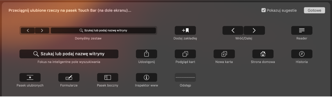 Opcje dostosowania Safari, które można przeciągać na pasek Touch Bar.