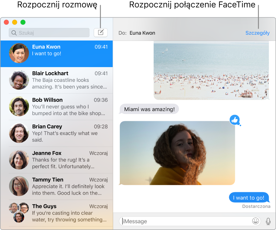 Okno aplikacji Wiadomości z opisami przycisków rozpoczynania rozmowy oraz połączenia FaceTime.