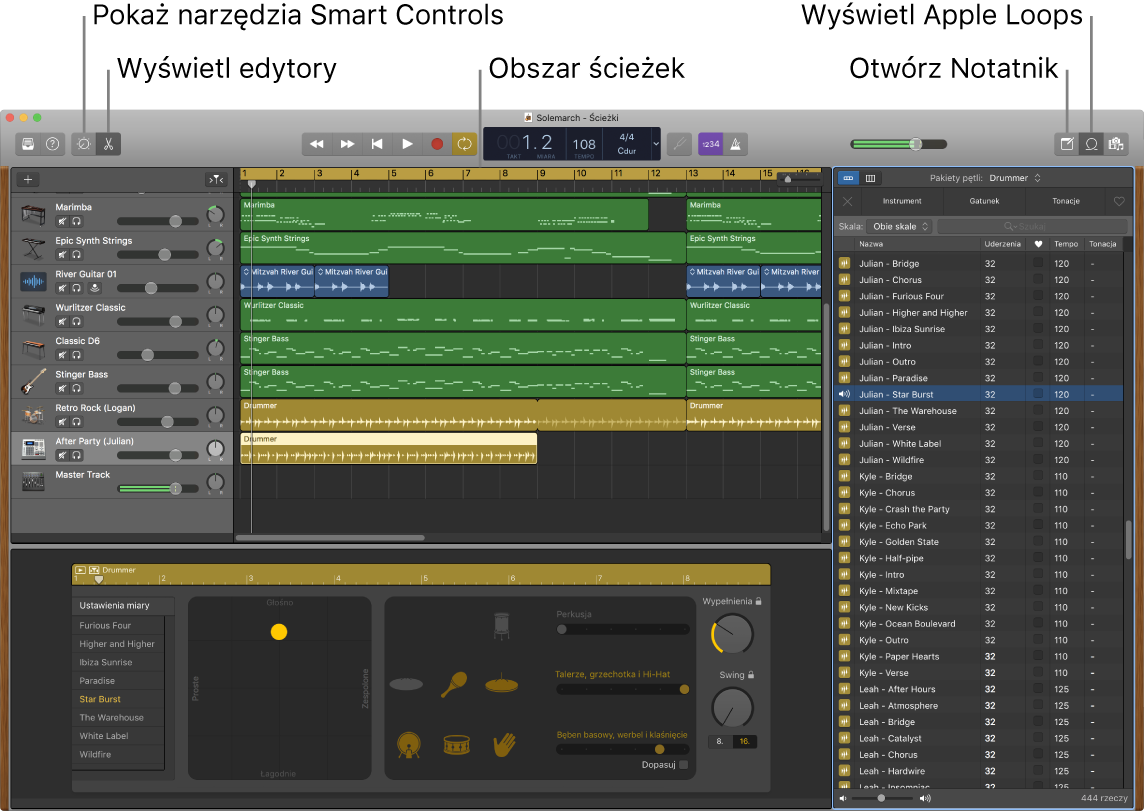 Okno aplikacji GarageBand z opisami przycisków narzędzi Smart Controls, edytorów, notatek i Apple Loops. Widoczny jest także obszar ścieżek.