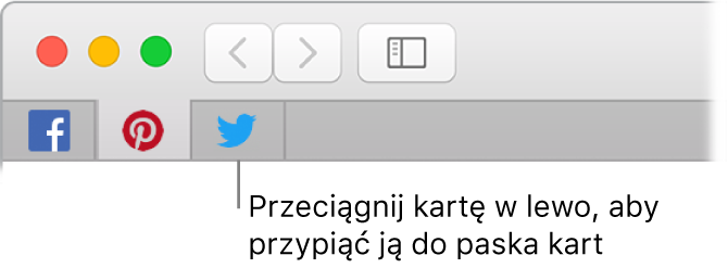 Okno Safari z ilustracją sposobu przypinania karty do paska z kartami.