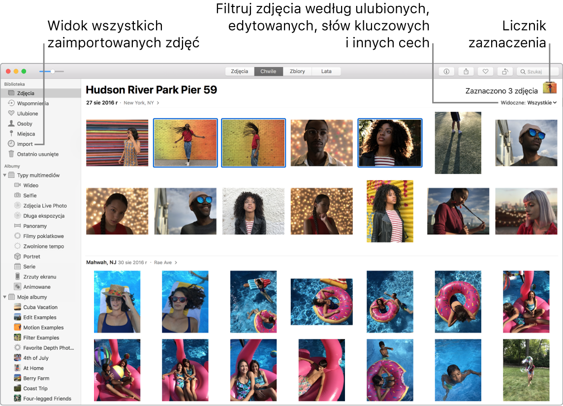 Okno aplikacji Zdjęcia z wieloma zaznaczonymi zdjęciami, pokazujące sposób filtrowania zdjęć w albumie oraz korzystania z paska bocznego.