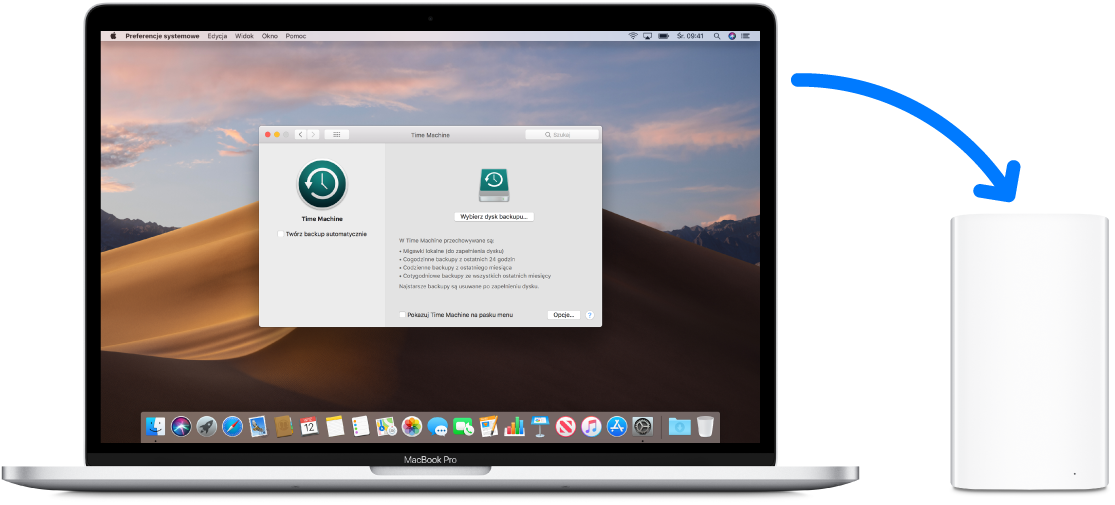 Ekran MacBooka Pro z oknem backupu Time Machine. MacBook Pro jest podłączony bezprzewodowo z AirPort Time Capsule.