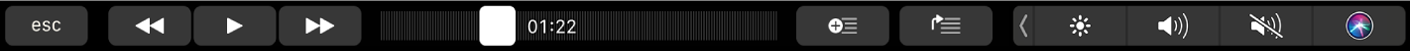 A Touch Bar do iTunes com botões para retroceder, pausar ou avançar rapidamente o que estiver sendo reproduzido. Também há uma barra de exploração para navegar dentro de uma música e botões para adicioná-la a uma playlist e reproduzi-la em seguida.