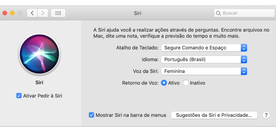 Janela de preferências da Siri com a opção “Ativar Pedir à Siri” selecionada à esquerda e várias opções para personalização da Siri à direita.
