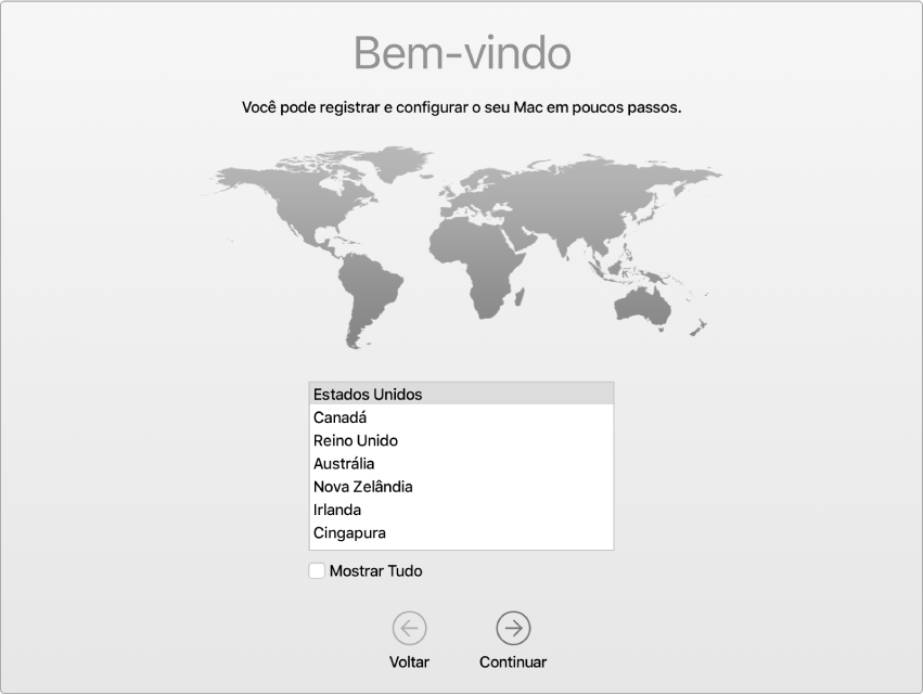 Tela do Mac com o Assistente de Configuração mostrando a tela de Boas-Vindas.