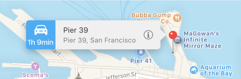Localização marcada com um alfinete no mapa e um banner exibindo o botão de informações e uma avaliação do Yelp.