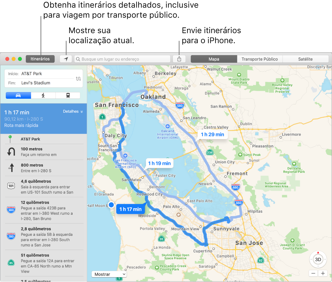 Janela do Mapas mostrando como clicar em Itinerários na parte superior esquerda para obter itinerários e como enviar itinerários para o iPhone usando o botão Compartilhar.