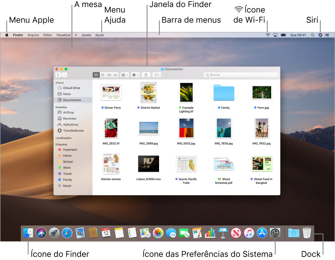 Tela do Mac mostrando o menu Apple, a mesa, o menu Ajuda, uma janela do Finder, a barra de menus, o ícone de Wi-Fi, o ícone do Pedir à Siri, o ícone do Finder, o ícone das Preferências do Sistema e o Dock.