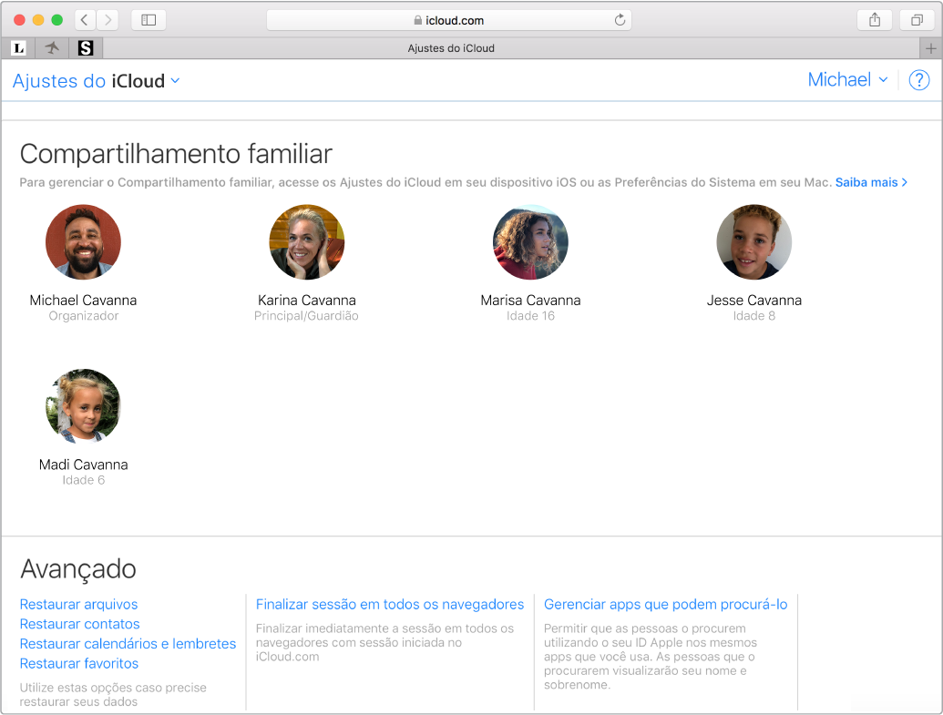 Janela do Safari mostrando os ajustes do Compartilhamento Familiar em iCloud.com.