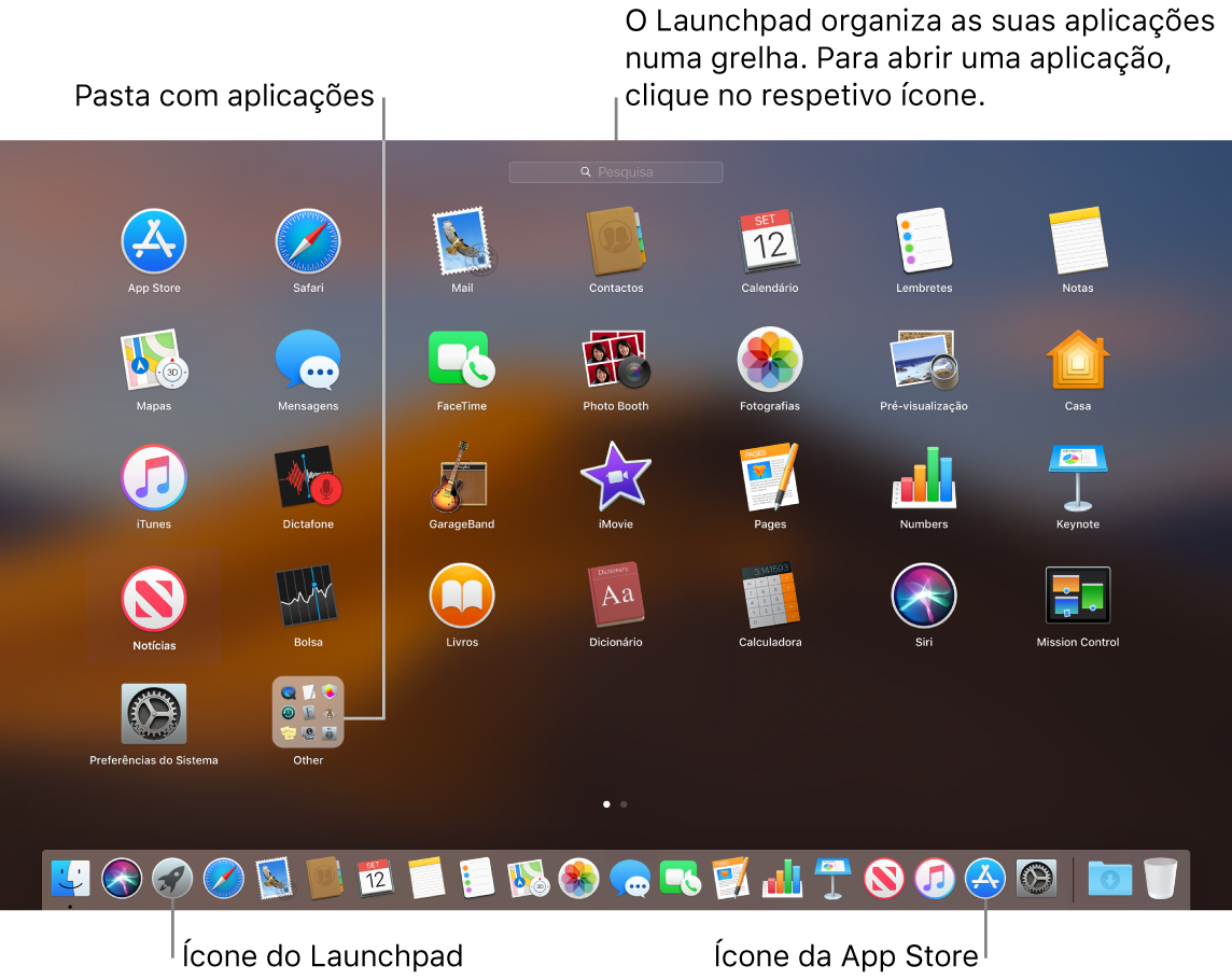 Ecrã do Mac com o Launchpad aberto, a mostrar uma pasta de aplicações no Launchpad e os ícones do Launchpad e da Mac App Store na Dock.