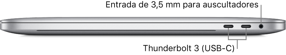Vista do lado direito de um MacBook Pro com chamadas para as duas portas Thunderbolt 3 (USB-C) e a ficha de 3,5 mm para auscultadores.
