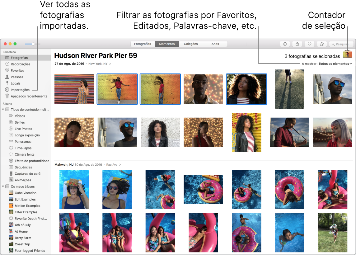 Janela da aplicação Fotografias a mostrar várias fotografias selecionadas, como filtrar as fotografias no álbum e como utilizar a barra lateral.
