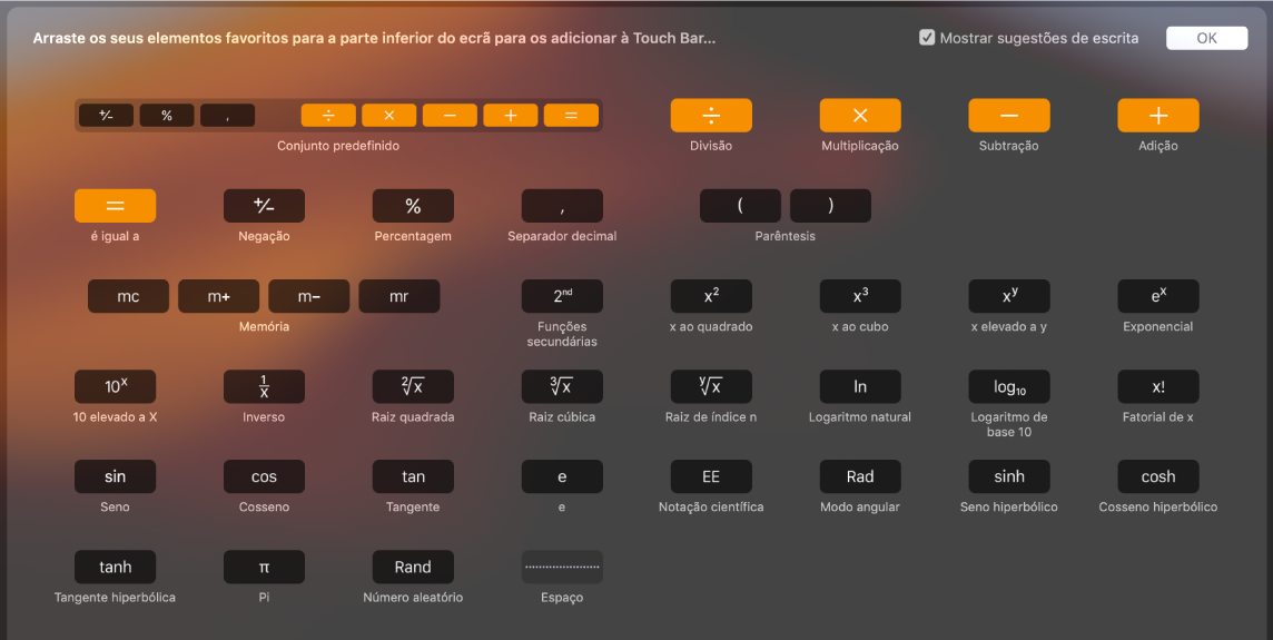Os elementos que pode personalizar na Touch Bar da Calculadora arrastando-os para a Touch Bar.