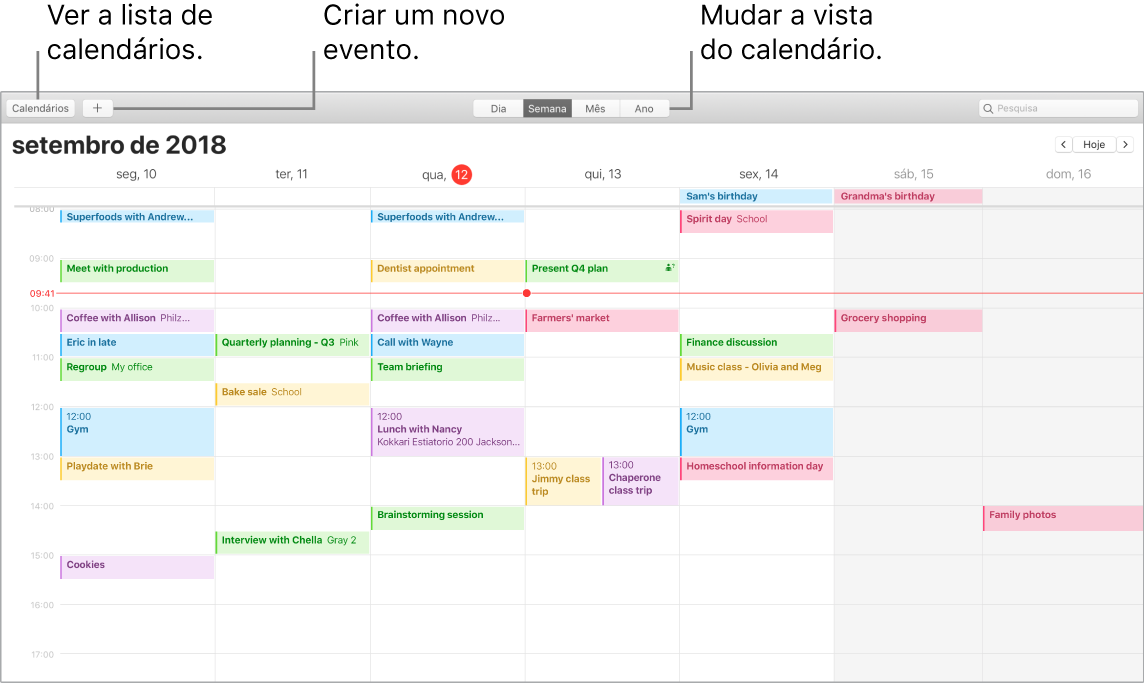 Janela do Calendário a mostrar como criar um evento, ver a lista de calendários, e escolher a vista diária, semanal, mensal ou anual.