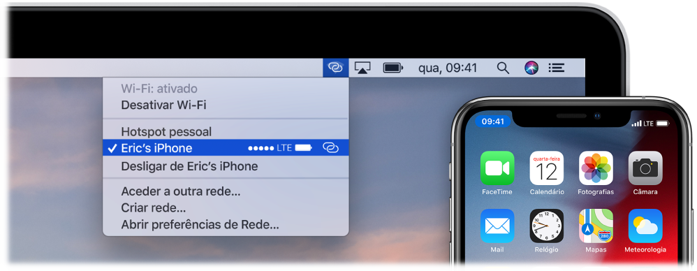 Ecrã do Mac com o menu Wi-Fi a mostrar um hotspot pessoal ligado a um iPhone.
