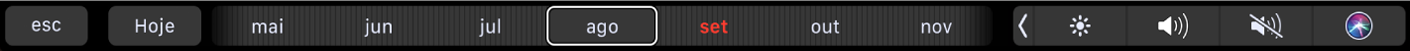 A Touch Bar da aplicação Calendário com o botão Hoje e um nivelador para selecionar o mês.